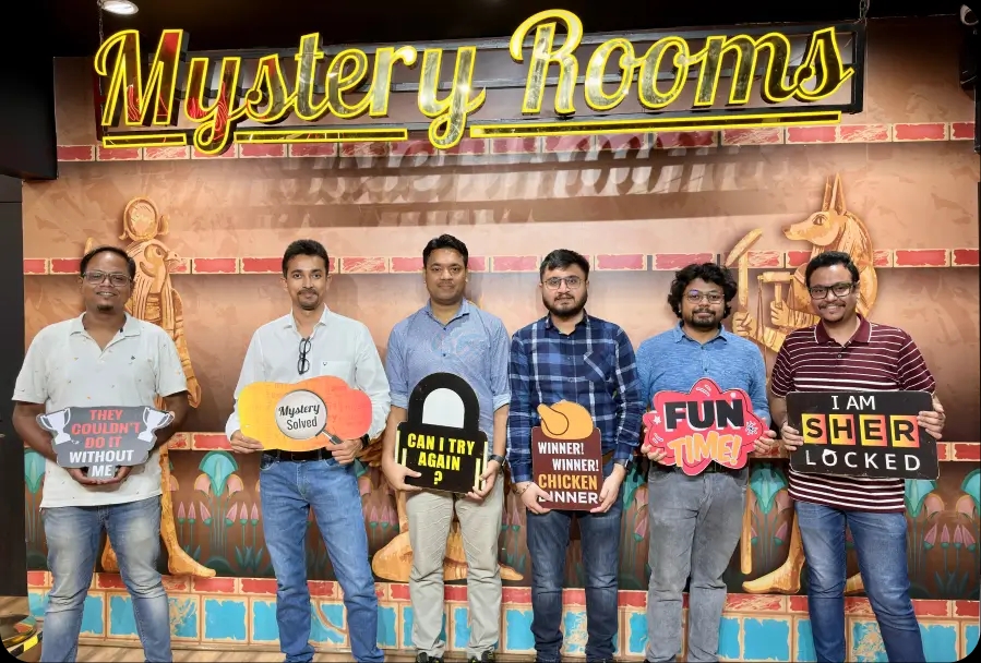 escape room with team members